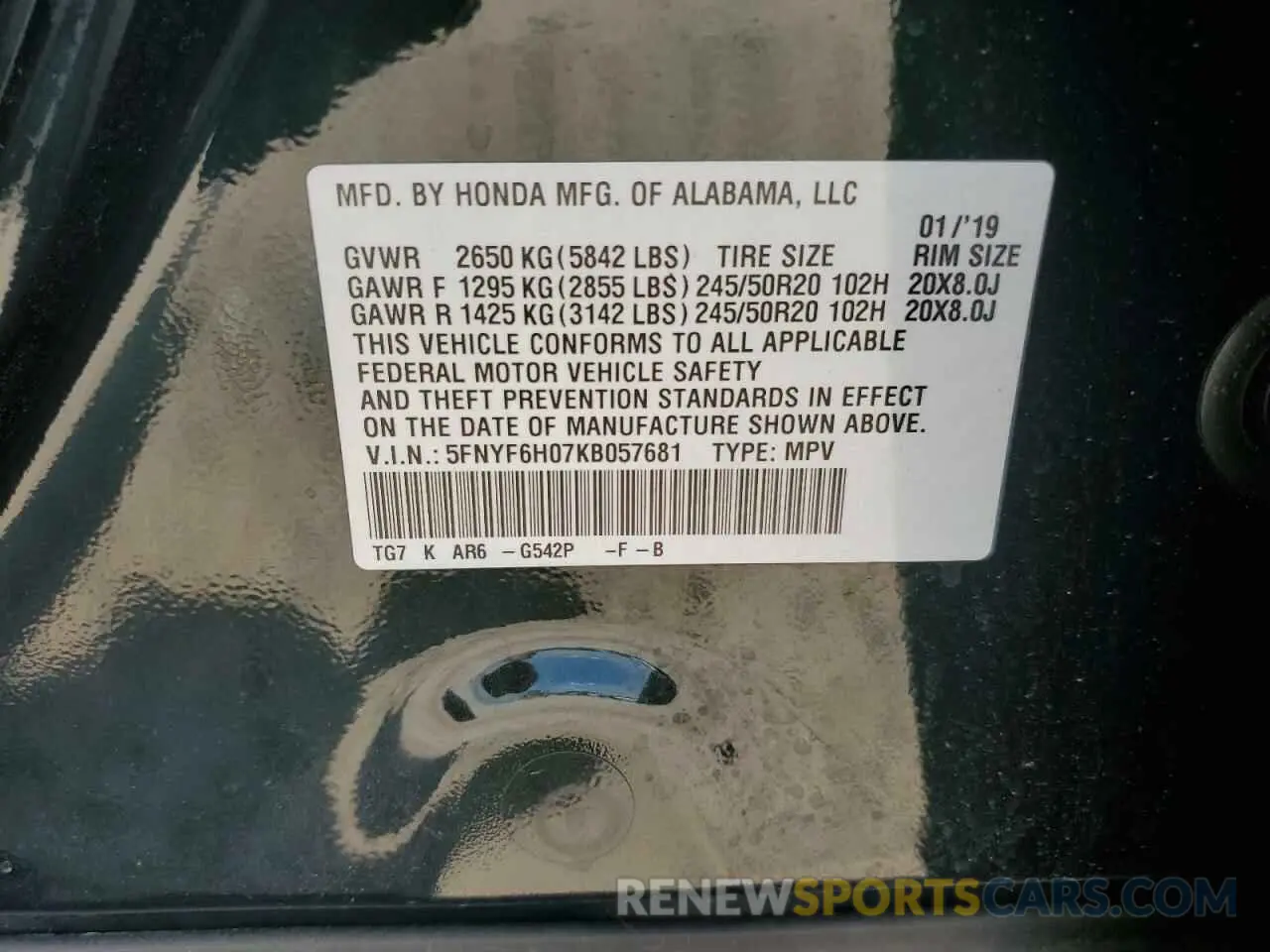 14 Photograph of a damaged car 5FNYF6H07KB057681 HONDA PILOT 2019