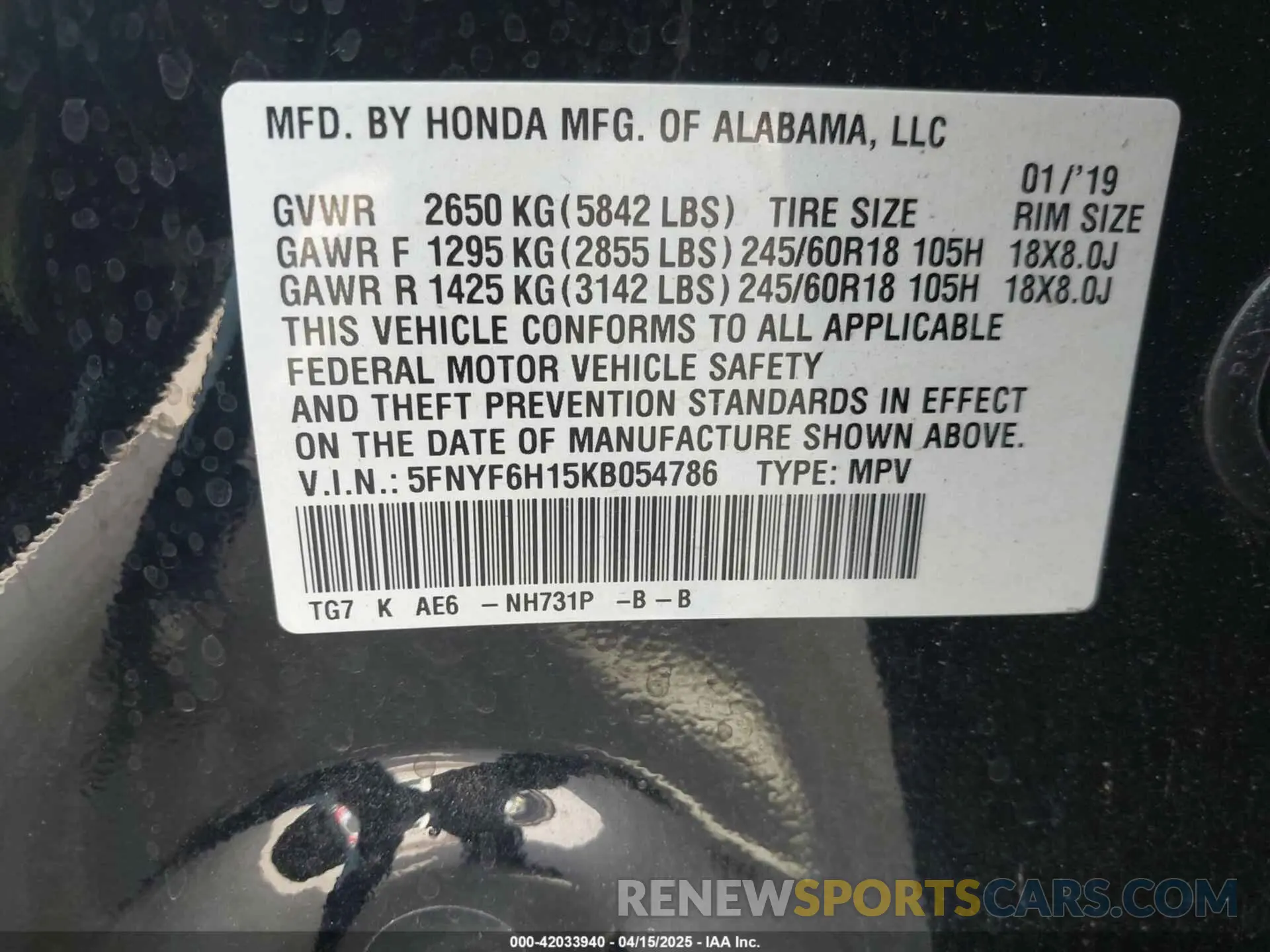 9 Photograph of a damaged car 5FNYF6H15KB054786 HONDA PILOT 2019
