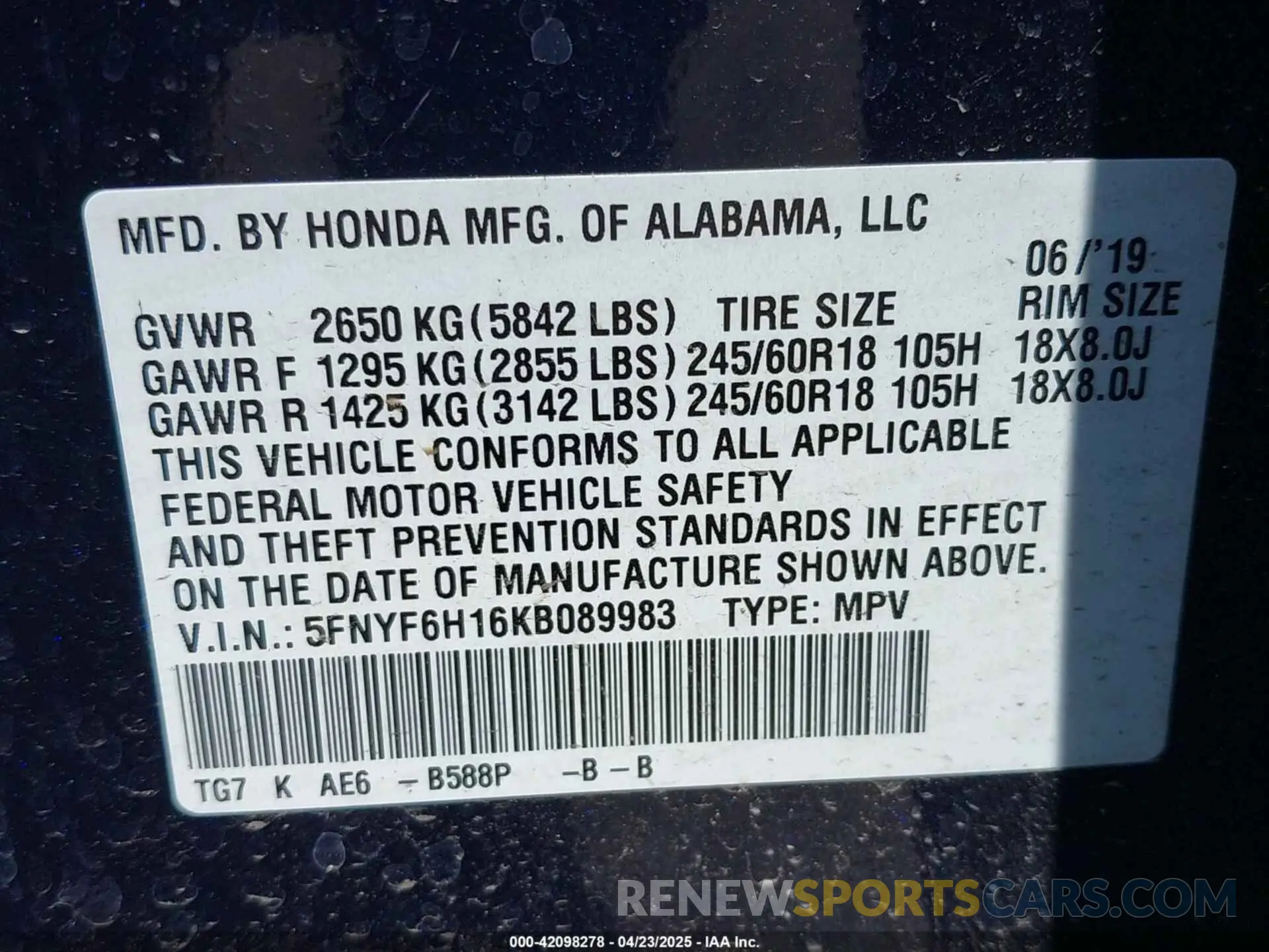 9 Photograph of a damaged car 5FNYF6H16KB089983 HONDA PILOT 2019