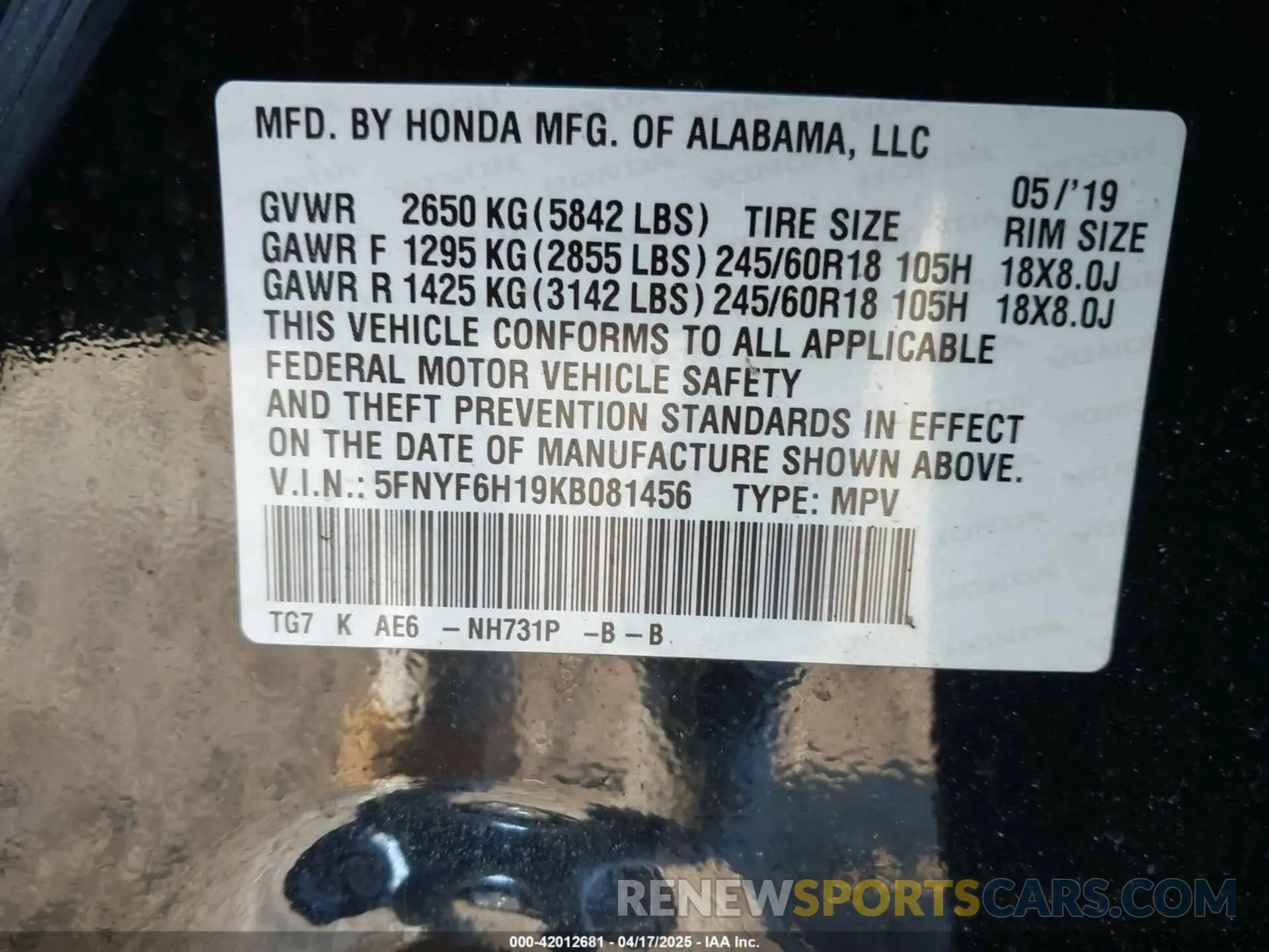 9 Photograph of a damaged car 5FNYF6H19KB081456 HONDA PILOT 2019