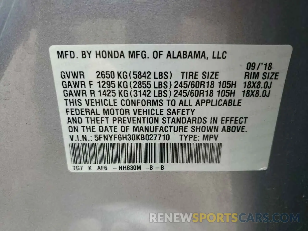 13 Фотография поврежденного автомобиля 5FNYF6H30KB027710 HONDA PILOT 2019