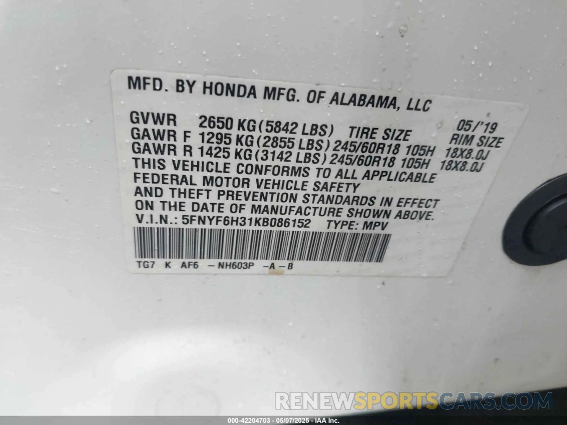 9 Photograph of a damaged car 5FNYF6H31KB086152 HONDA PILOT 2019