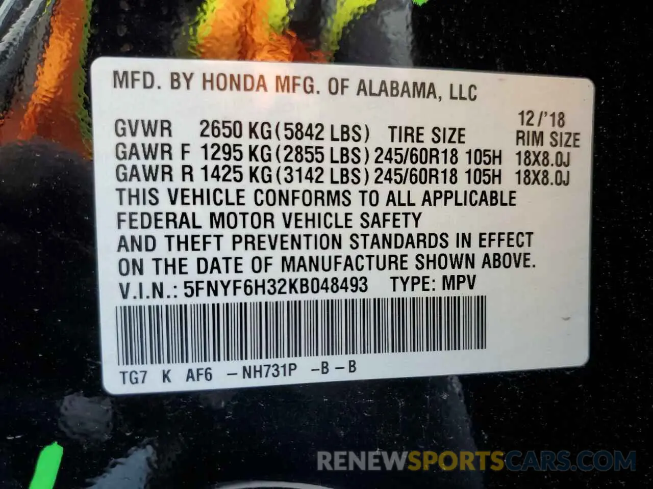 13 Photograph of a damaged car 5FNYF6H32KB048493 HONDA PILOT 2019