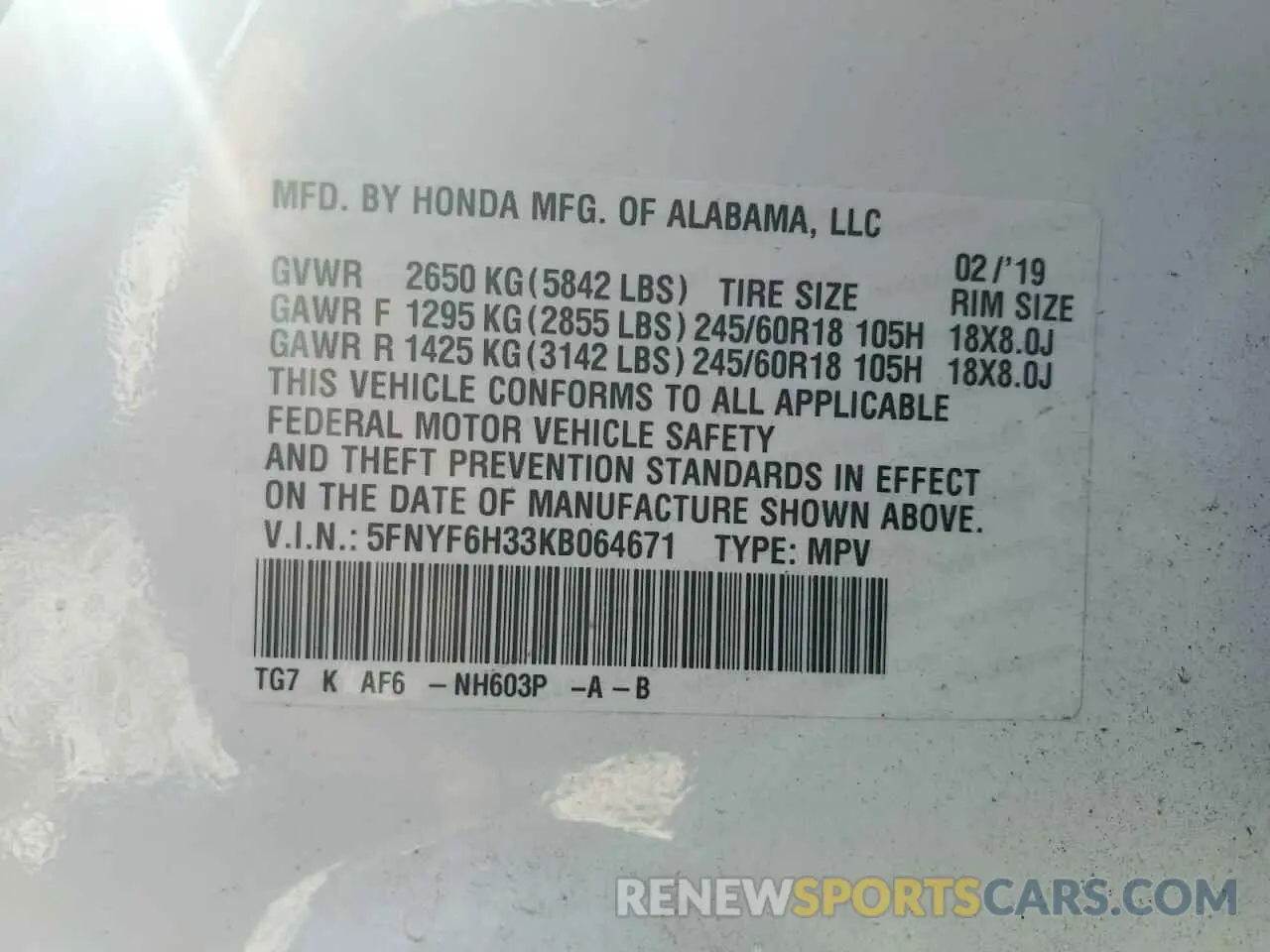 13 Photograph of a damaged car 5FNYF6H33KB064671 HONDA PILOT 2019