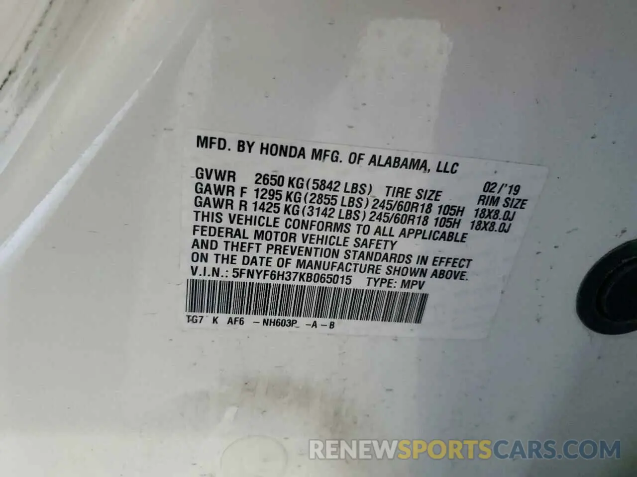 13 Photograph of a damaged car 5FNYF6H37KB065015 HONDA PILOT 2019