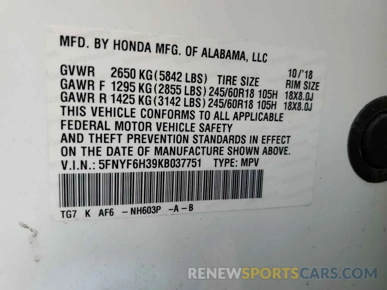 13 Photograph of a damaged car 5FNYF6H39KB037751 HONDA PILOT 2019