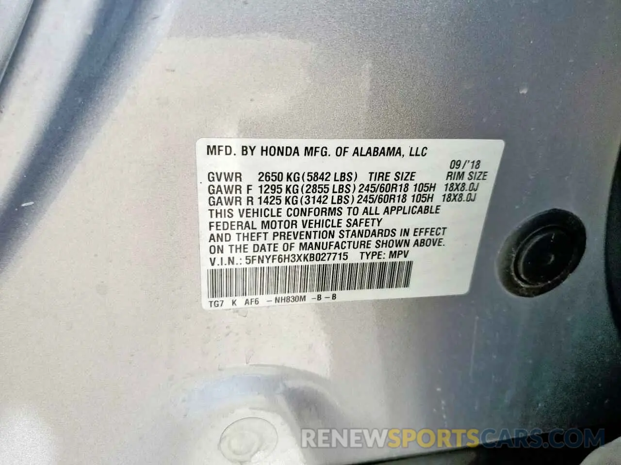 13 Photograph of a damaged car 5FNYF6H3XKB027715 HONDA PILOT 2019