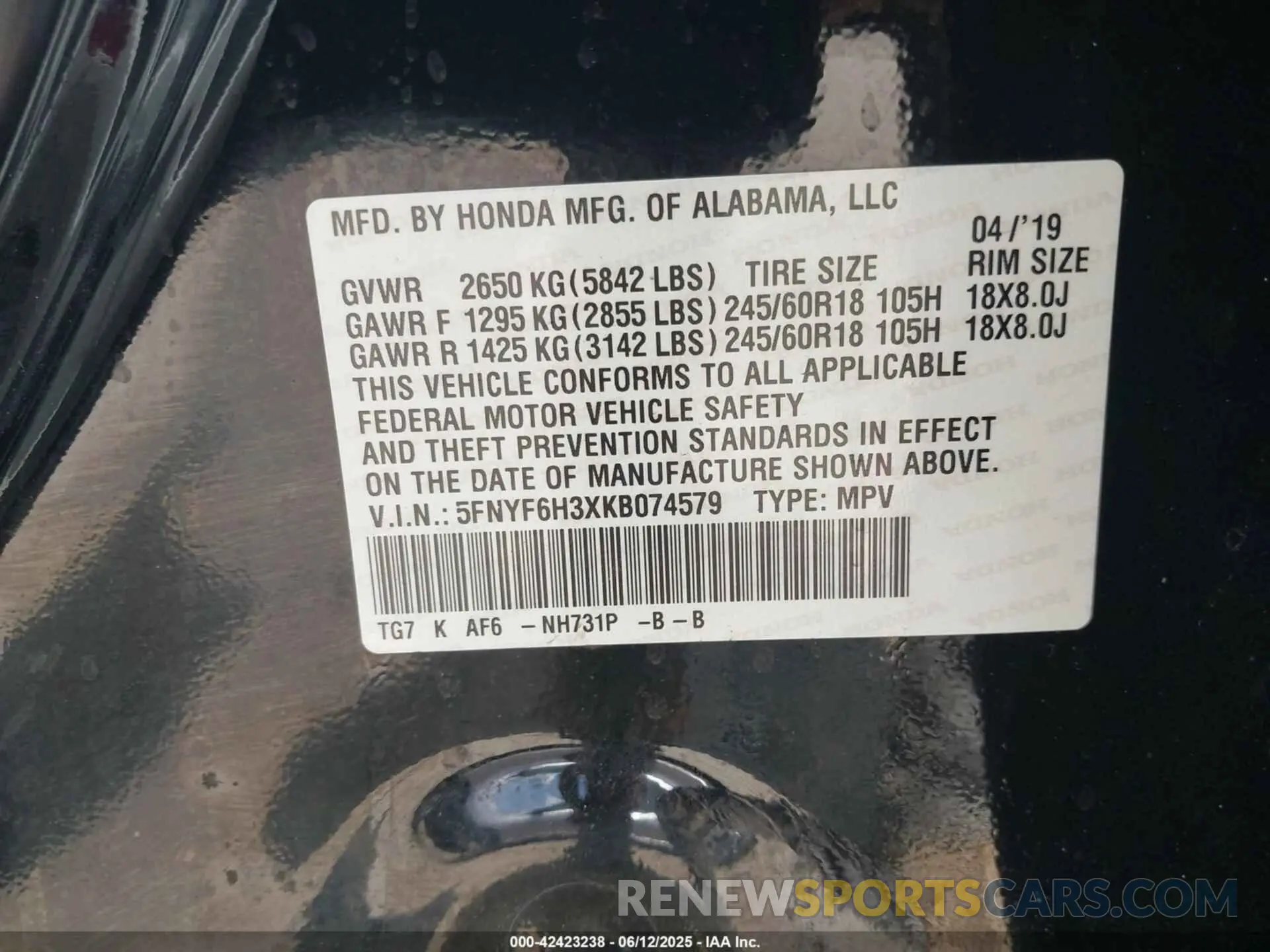 9 Фотография поврежденного автомобиля 5FNYF6H3XKB074579 HONDA PILOT 2019