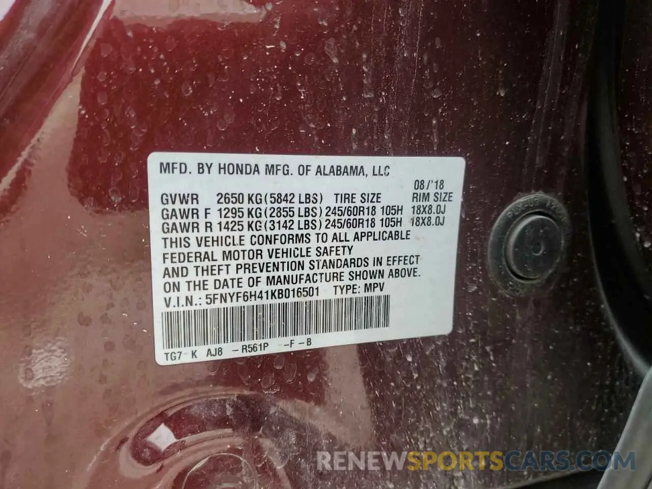 13 Photograph of a damaged car 5FNYF6H41KB016501 HONDA PILOT 2019