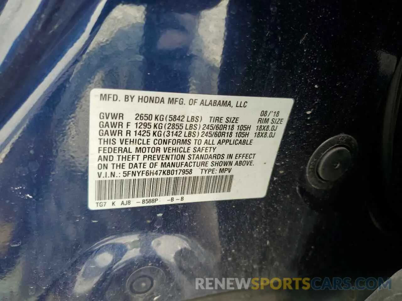 13 Photograph of a damaged car 5FNYF6H47KB017958 HONDA PILOT 2019