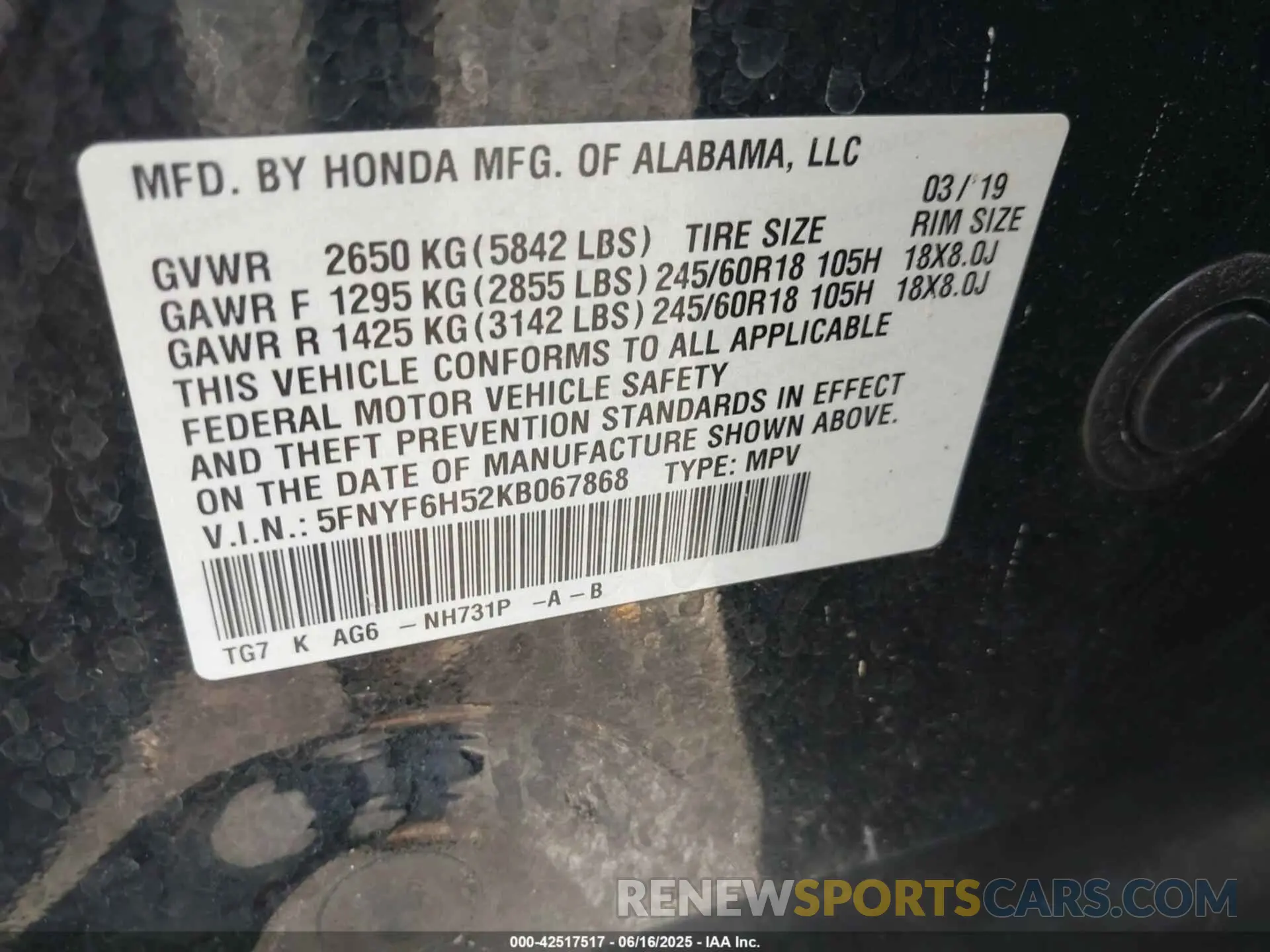 9 Photograph of a damaged car 5FNYF6H52KB067868 HONDA PILOT 2019