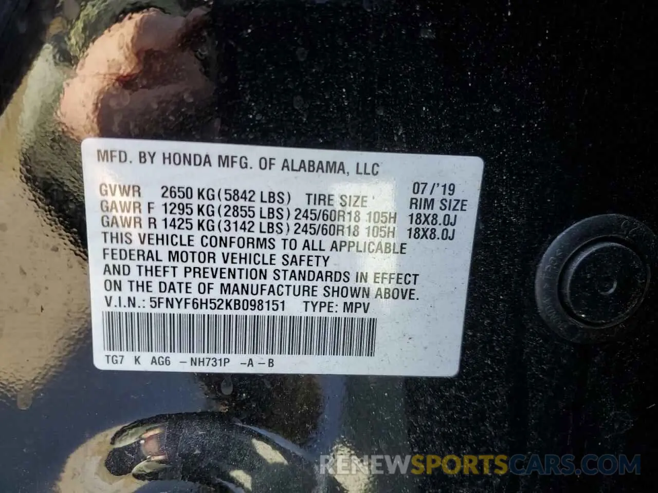 15 Photograph of a damaged car 5FNYF6H52KB098151 HONDA PILOT 2019
