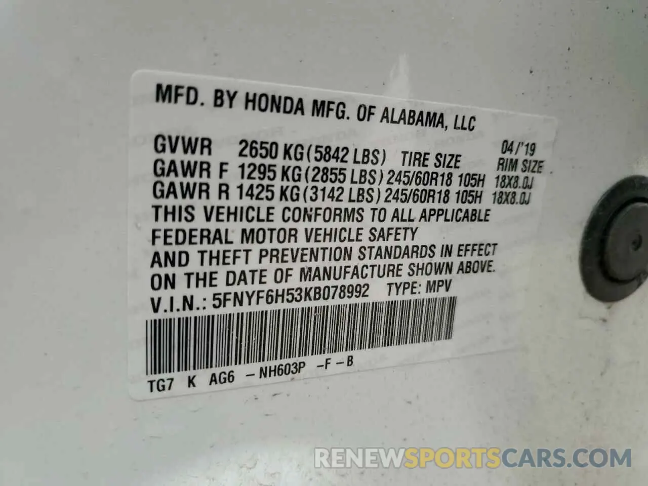 15 Фотография поврежденного автомобиля 5FNYF6H53KB078992 HONDA PILOT 2019
