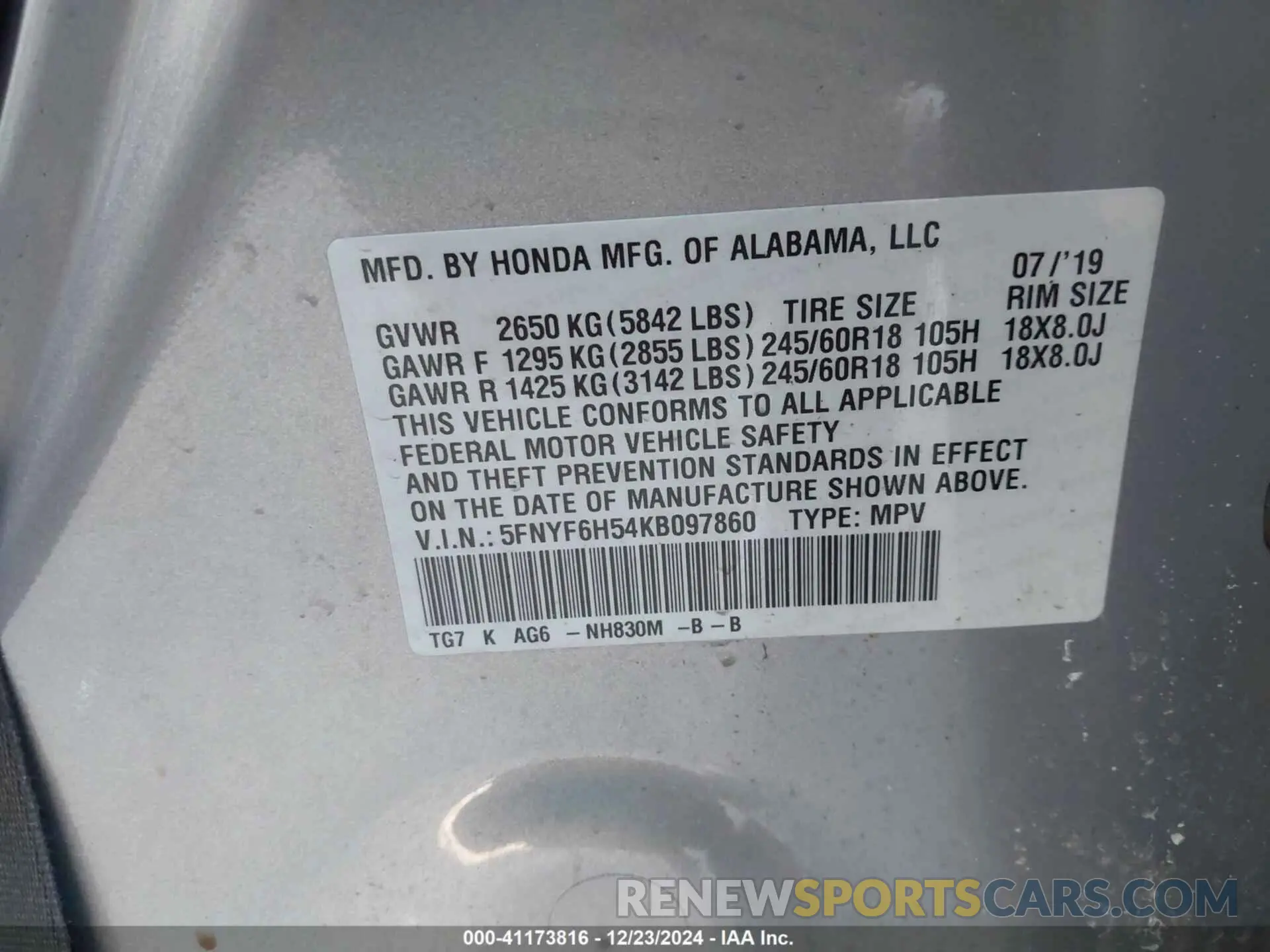 9 Фотография поврежденного автомобиля 5FNYF6H54KB097860 HONDA PILOT 2019