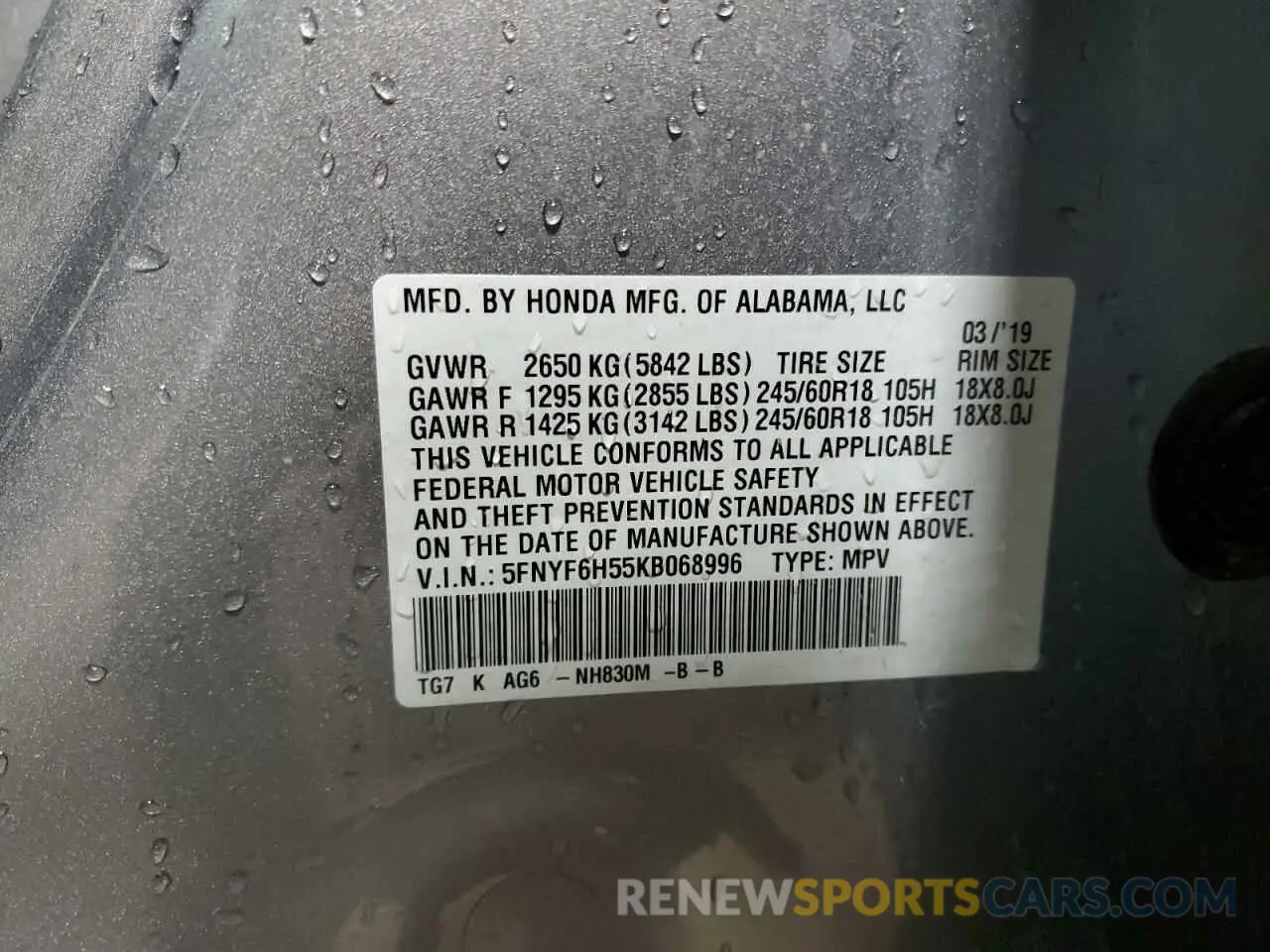 14 Photograph of a damaged car 5FNYF6H55KB068996 HONDA PILOT 2019