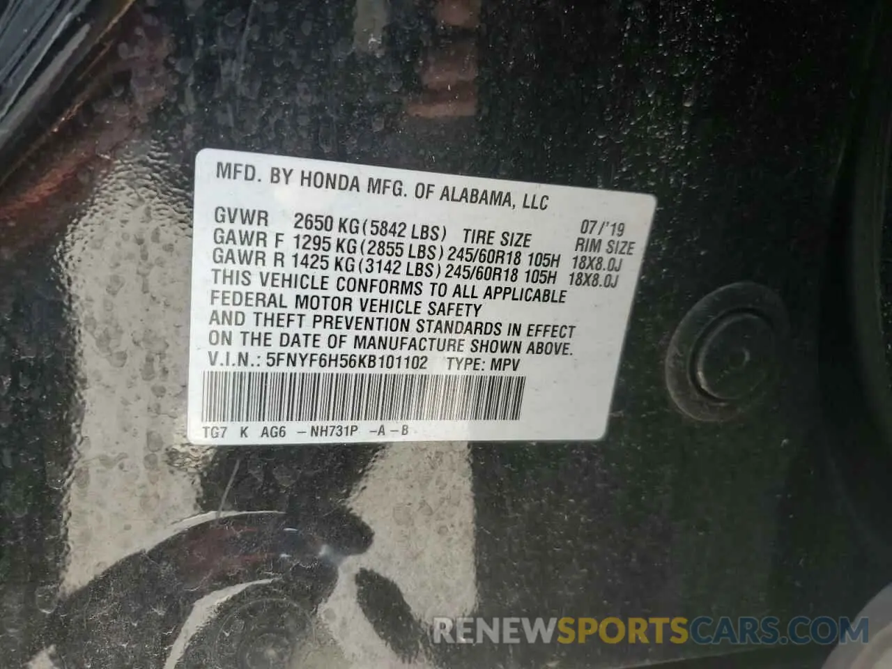 13 Photograph of a damaged car 5FNYF6H56KB101102 HONDA PILOT 2019