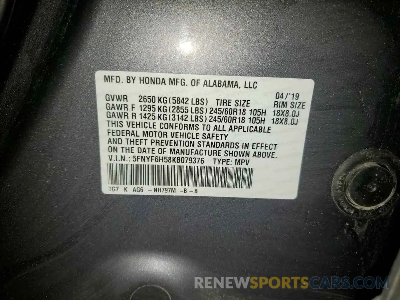 13 Фотография поврежденного автомобиля 5FNYF6H58KB079376 HONDA PILOT 2019