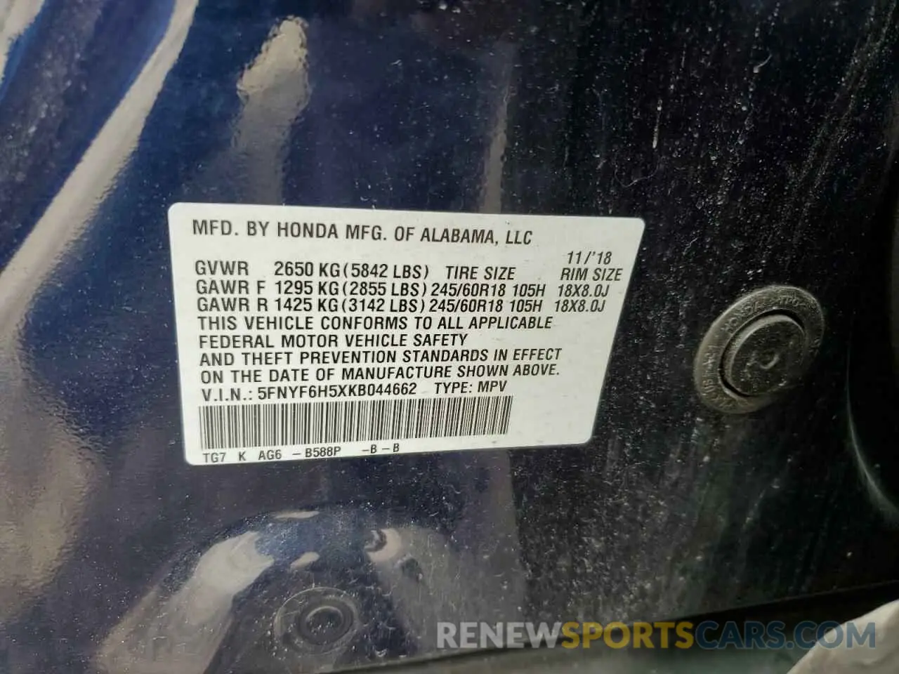 13 Фотография поврежденного автомобиля 5FNYF6H5XKB044662 HONDA PILOT 2019