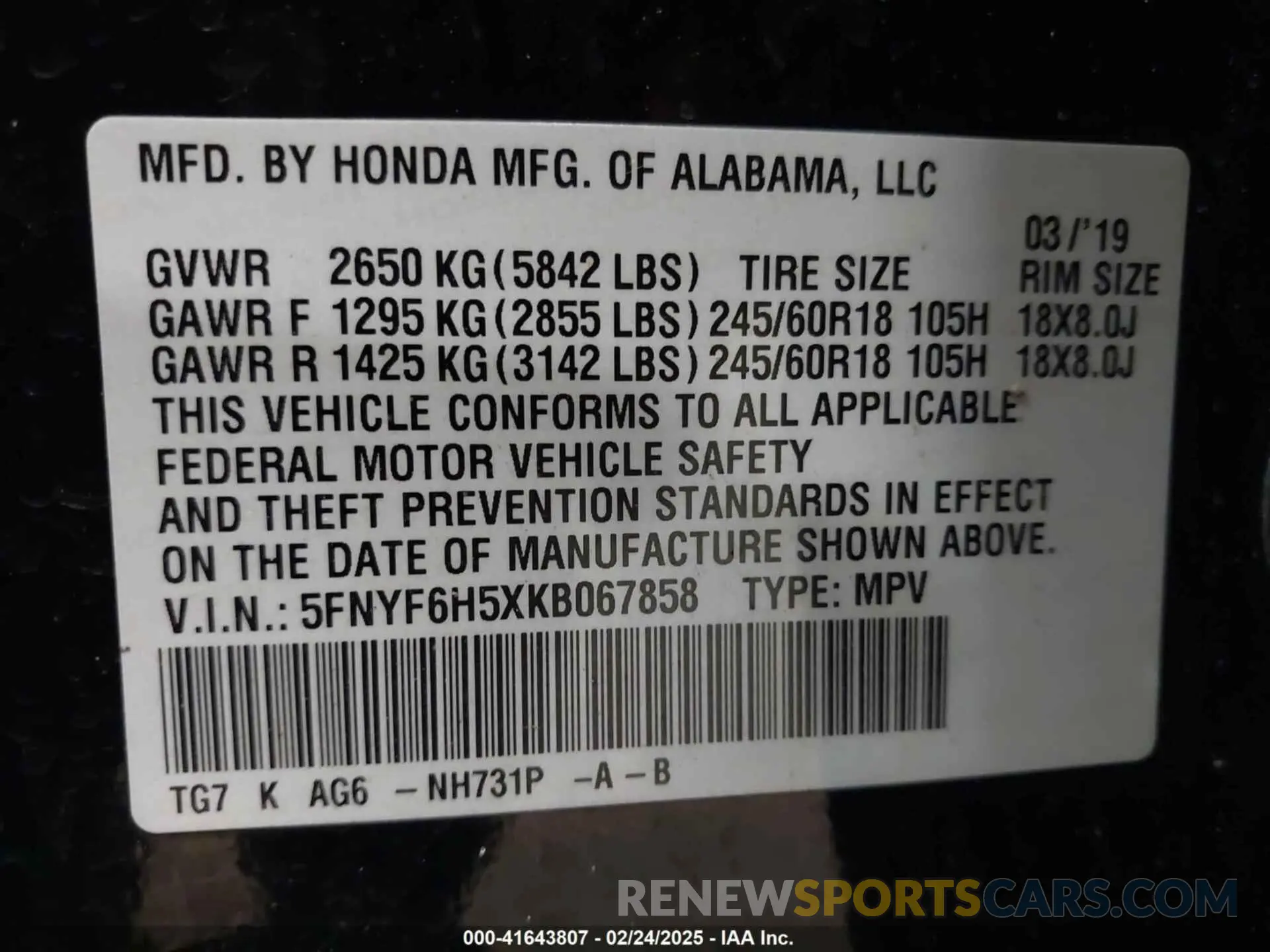 9 Photograph of a damaged car 5FNYF6H5XKB067858 HONDA PILOT 2019