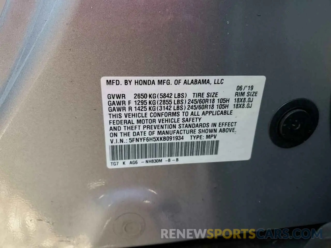 13 Фотография поврежденного автомобиля 5FNYF6H5XKB091934 HONDA PILOT 2019