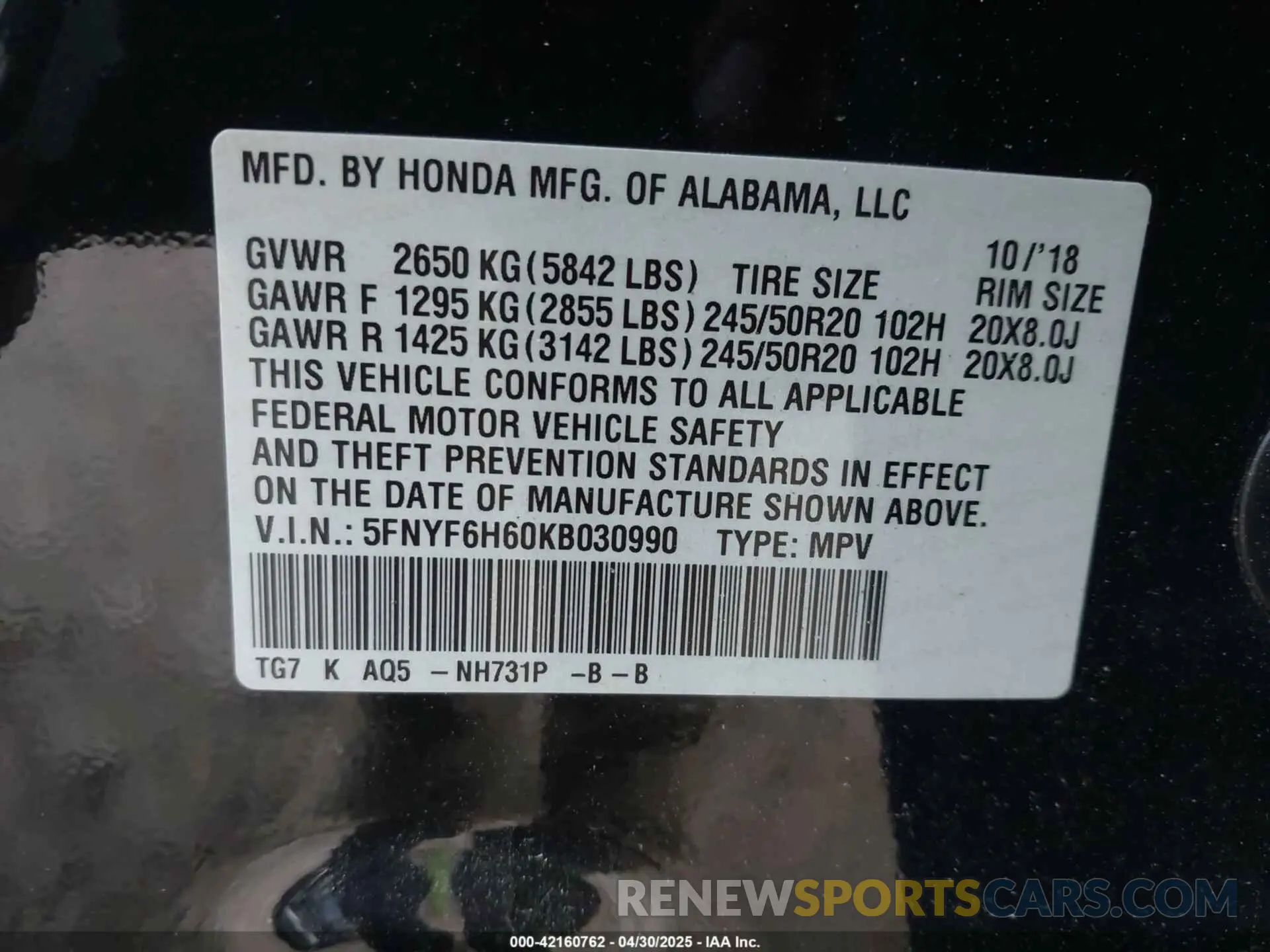 9 Photograph of a damaged car 5FNYF6H60KB030990 HONDA PILOT 2019