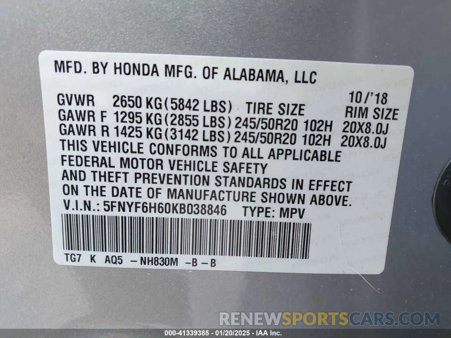 9 Photograph of a damaged car 5FNYF6H60KB038846 HONDA PILOT 2019