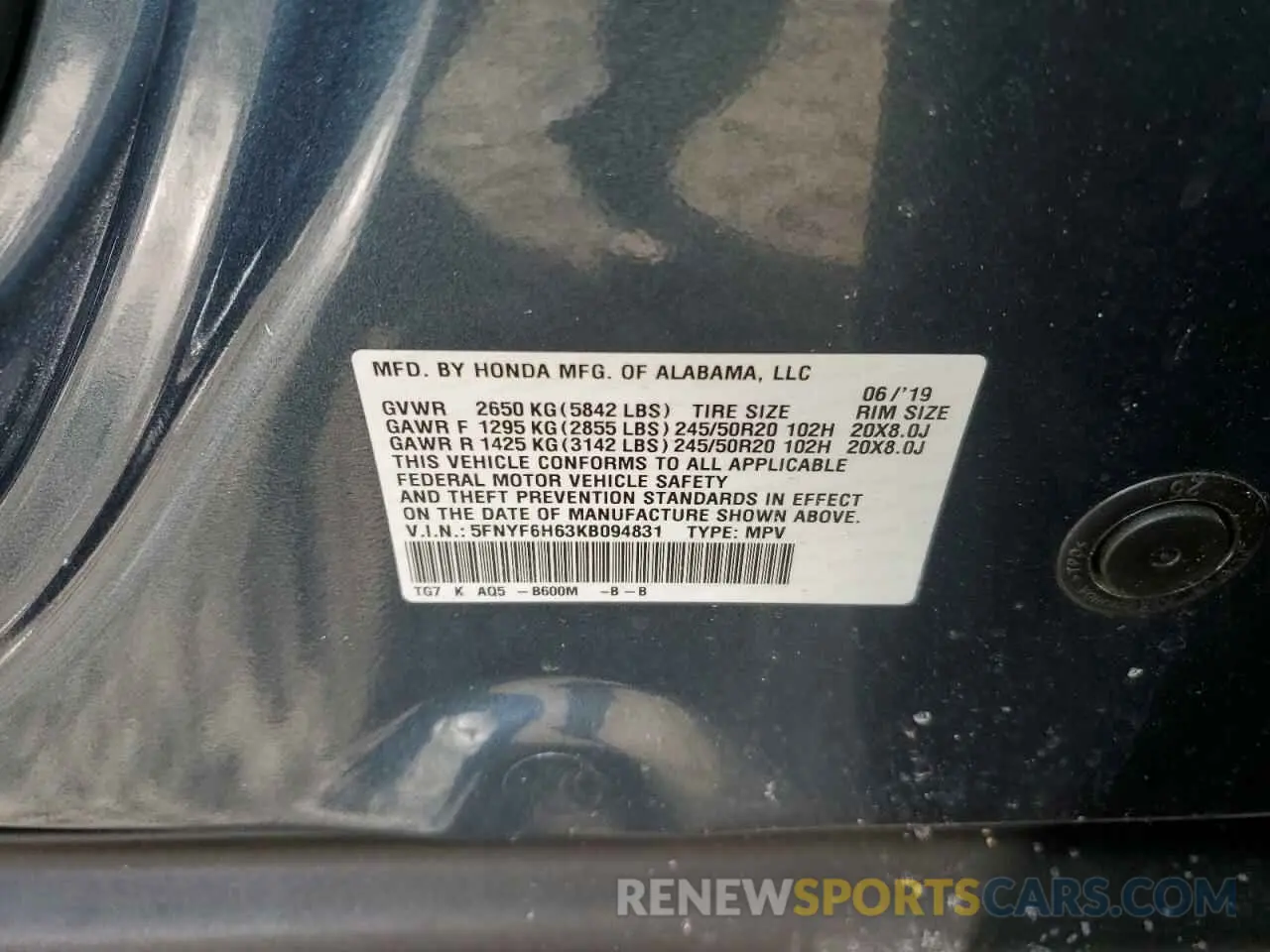 13 Фотография поврежденного автомобиля 5FNYF6H63KB094831 HONDA PILOT 2019