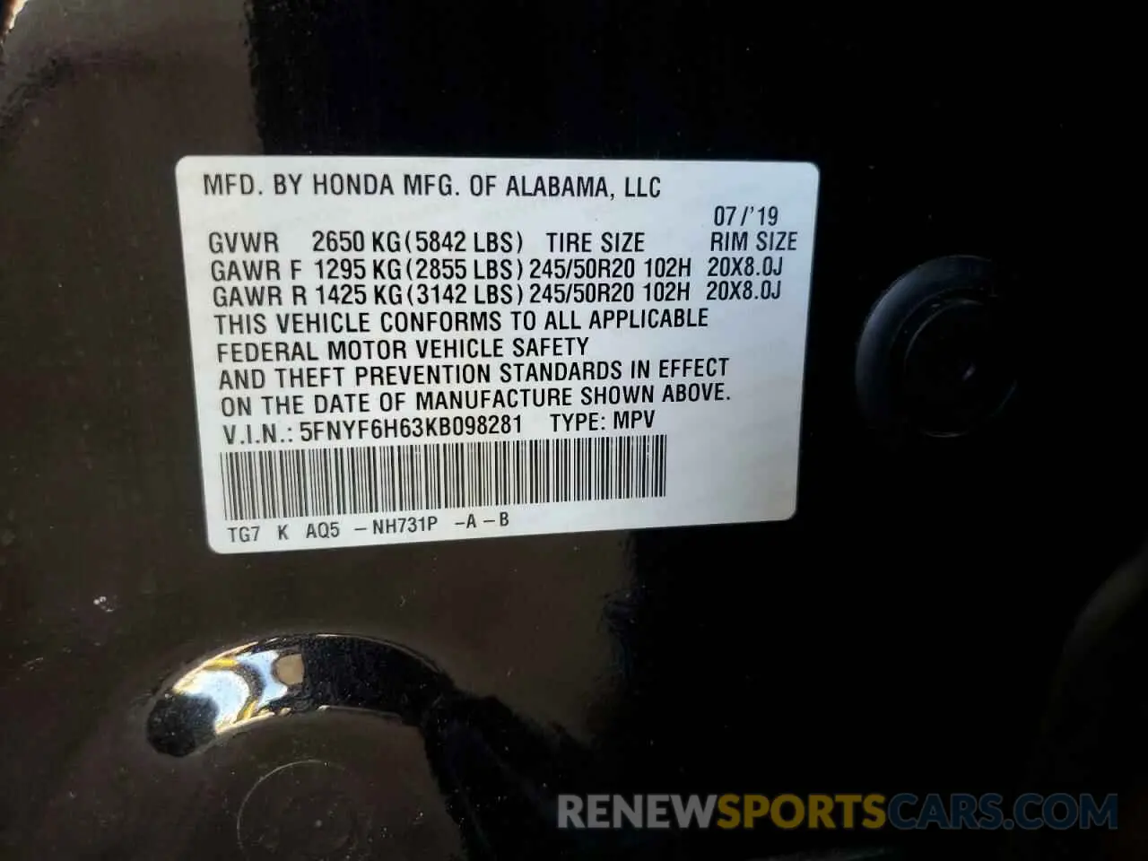 13 Фотография поврежденного автомобиля 5FNYF6H63KB098281 HONDA PILOT 2019