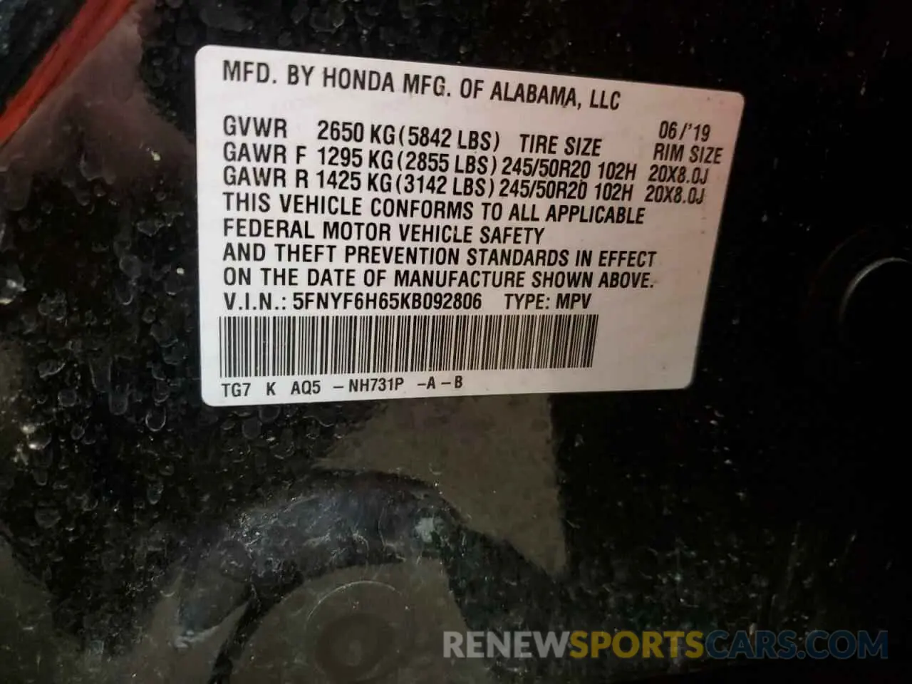 14 Photograph of a damaged car 5FNYF6H65KB092806 HONDA PILOT 2019