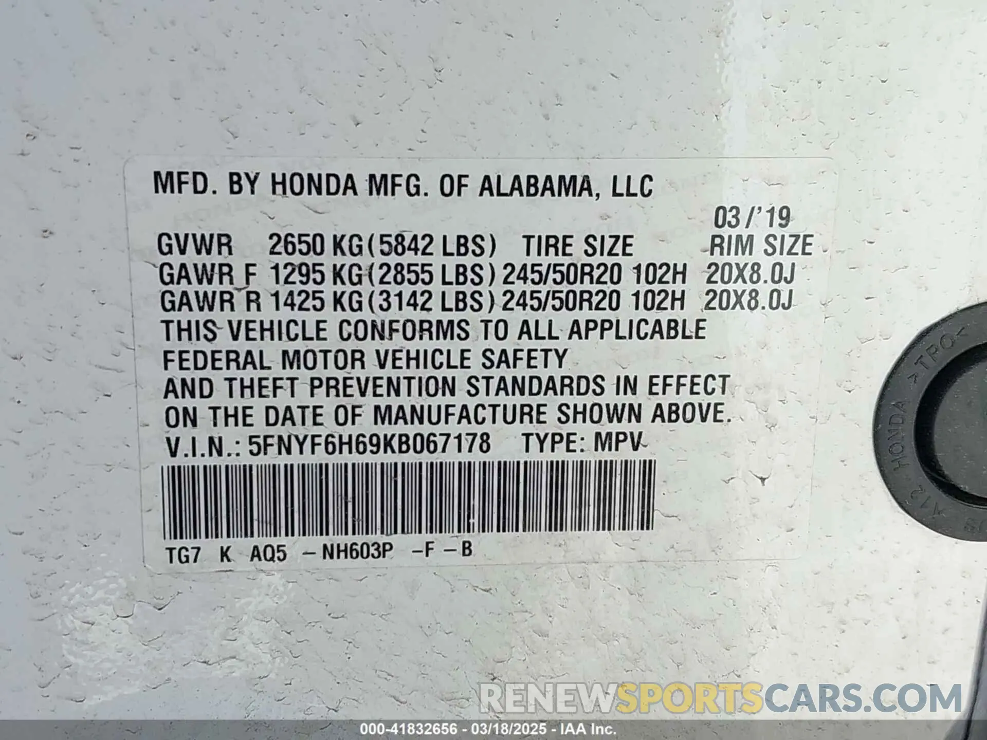 9 Photograph of a damaged car 5FNYF6H69KB067178 HONDA PILOT 2019