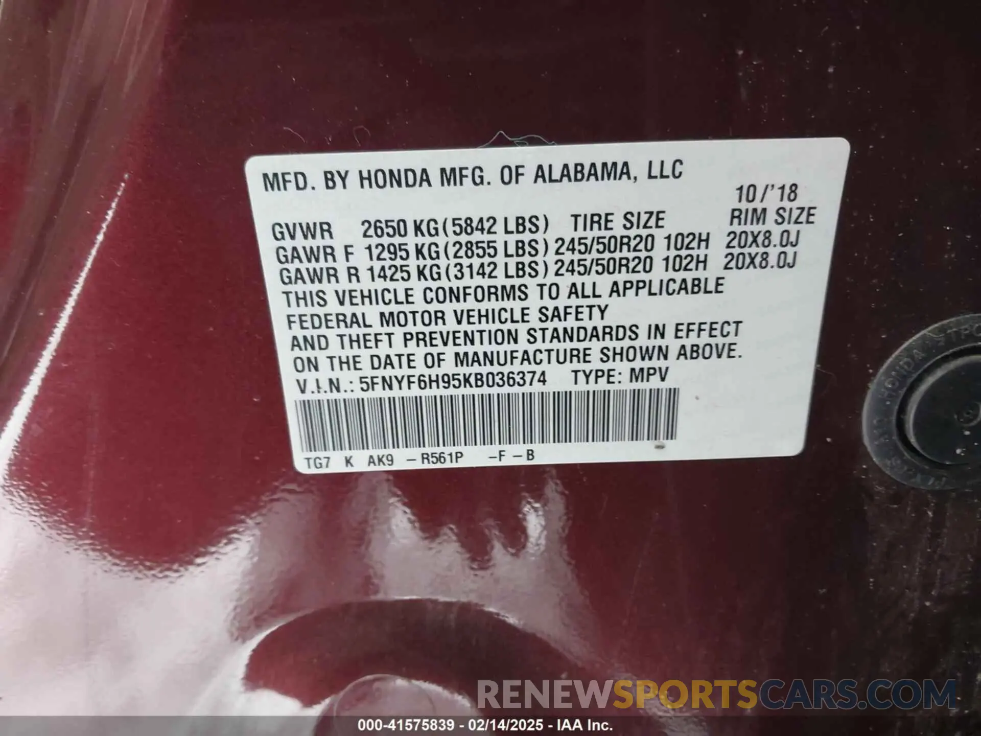 9 Photograph of a damaged car 5FNYF6H95KB036374 HONDA PILOT 2019