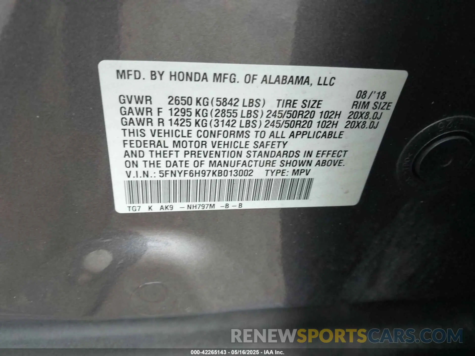 9 Photograph of a damaged car 5FNYF6H97KB013002 HONDA PILOT 2019