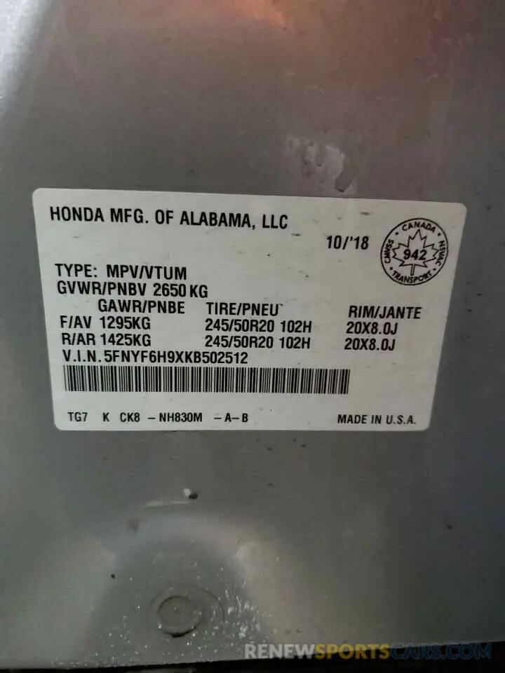 14 Фотография поврежденного автомобиля 5FNYF6H9XKB502512 HONDA PILOT 2019