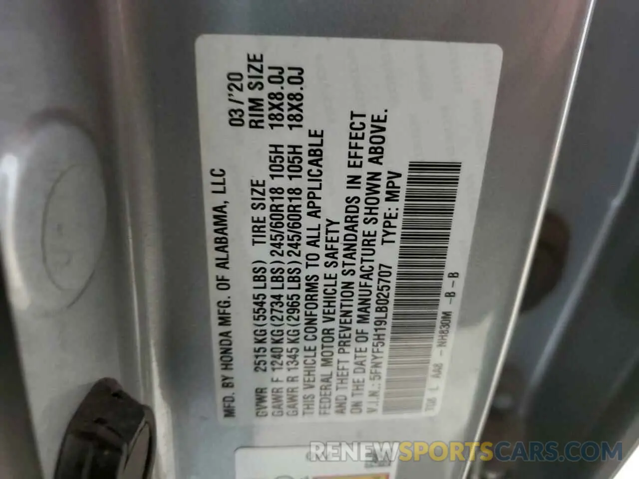 13 Photograph of a damaged car 5FNYF5H19LB025707 HONDA PILOT 2020