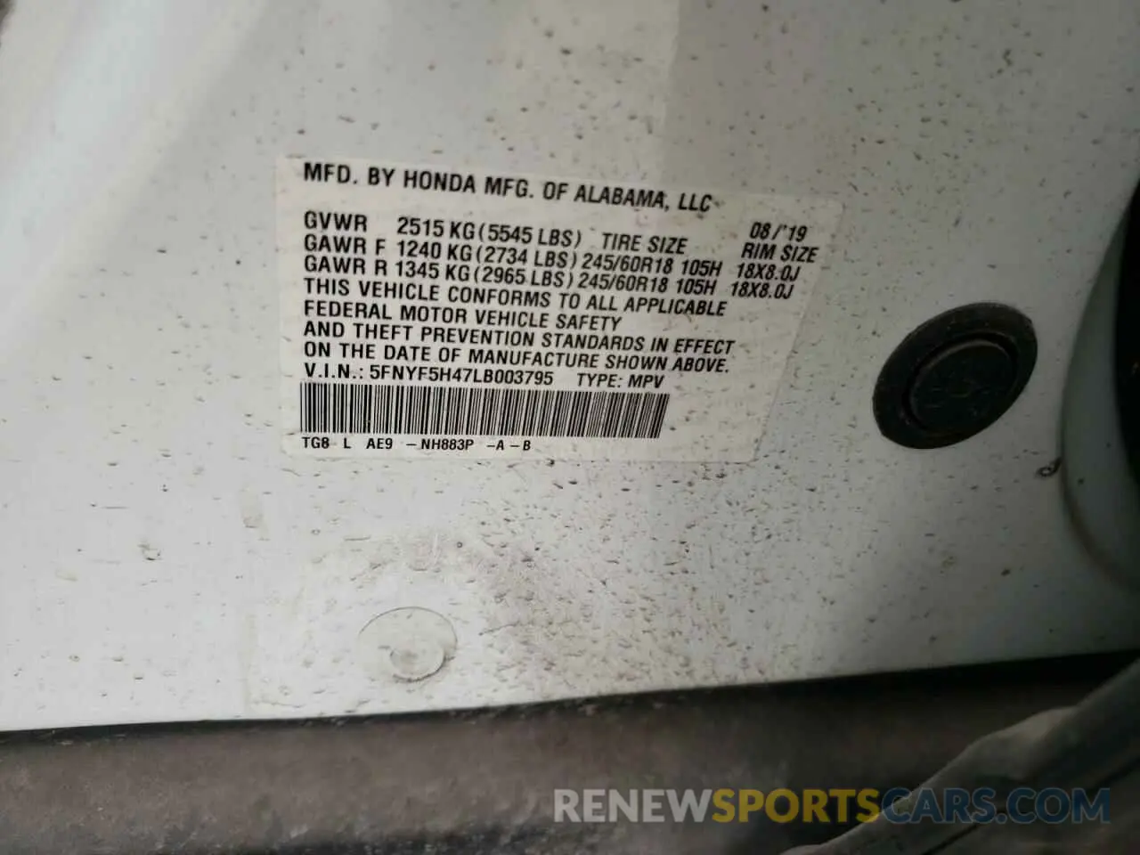 13 Фотография поврежденного автомобиля 5FNYF5H47LB003795 HONDA PILOT 2020