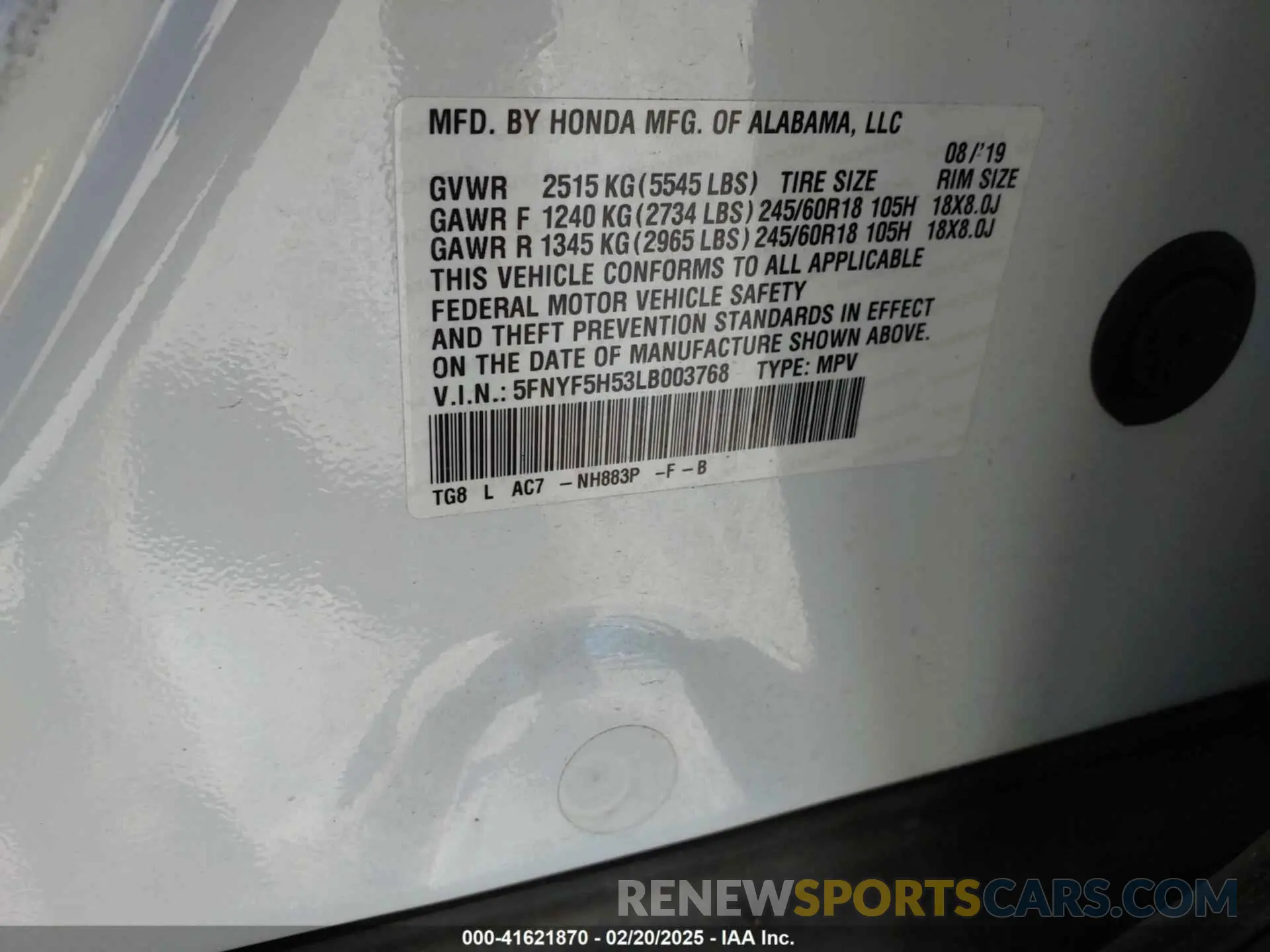 9 Photograph of a damaged car 5FNYF5H53LB003768 HONDA PILOT 2020