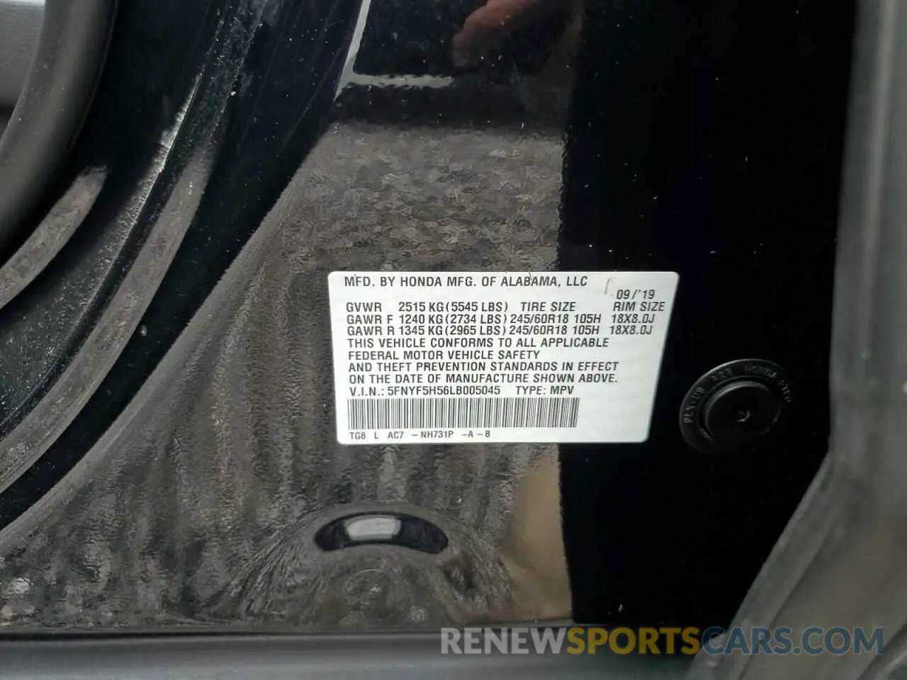 14 Photograph of a damaged car 5FNYF5H56LB005045 HONDA PILOT 2020