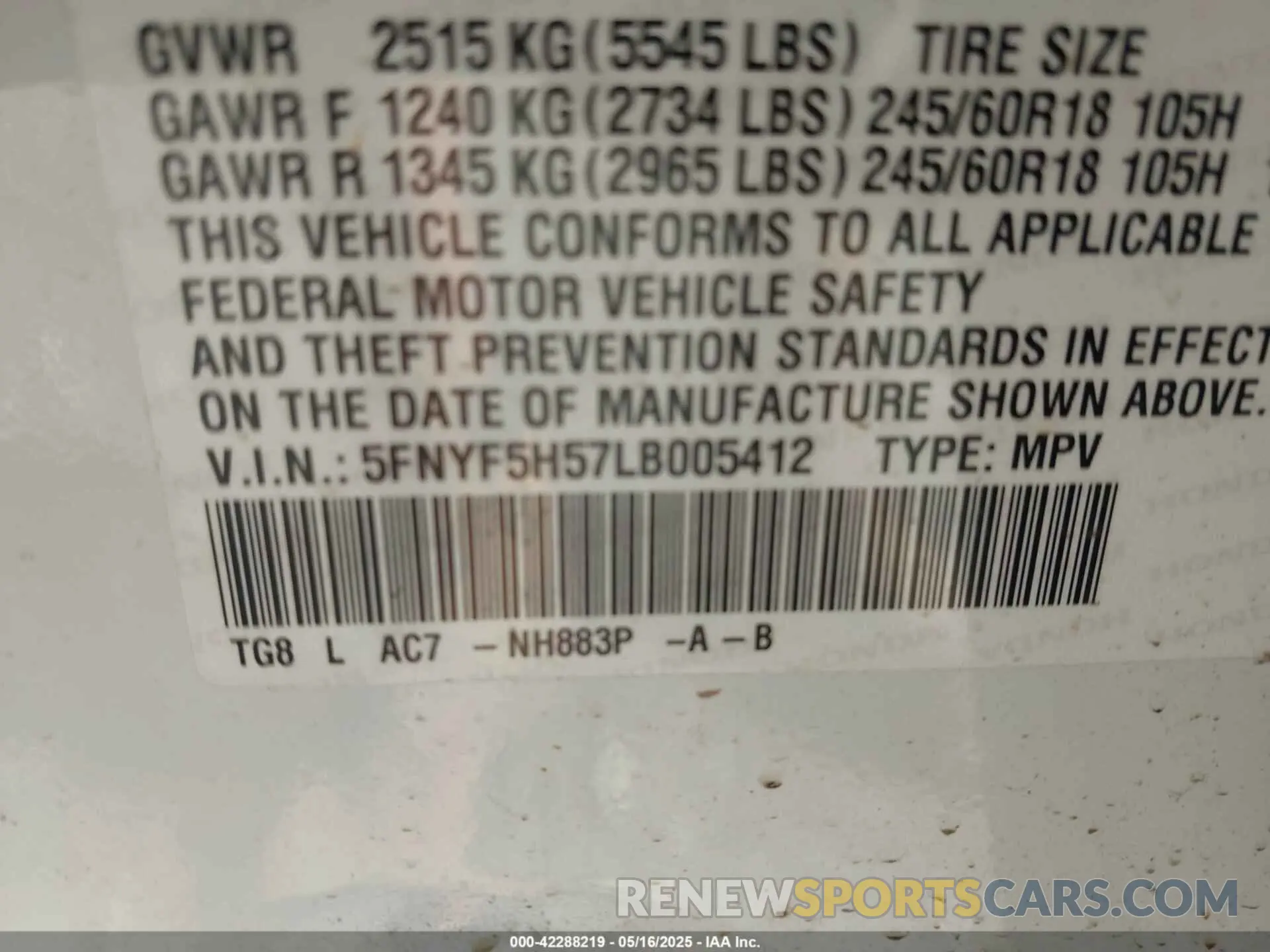 9 Photograph of a damaged car 5FNYF5H57LB005412 HONDA PILOT 2020