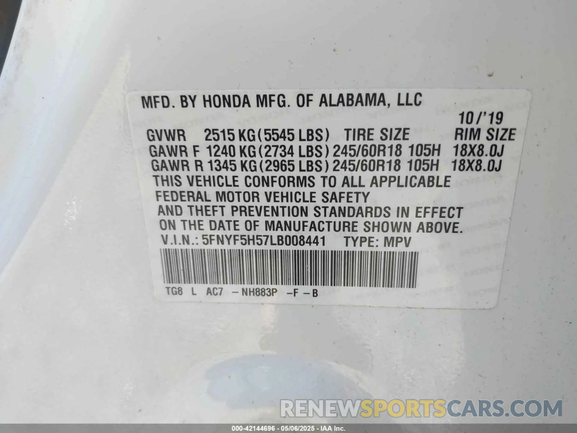 9 Photograph of a damaged car 5FNYF5H57LB008441 HONDA PILOT 2020