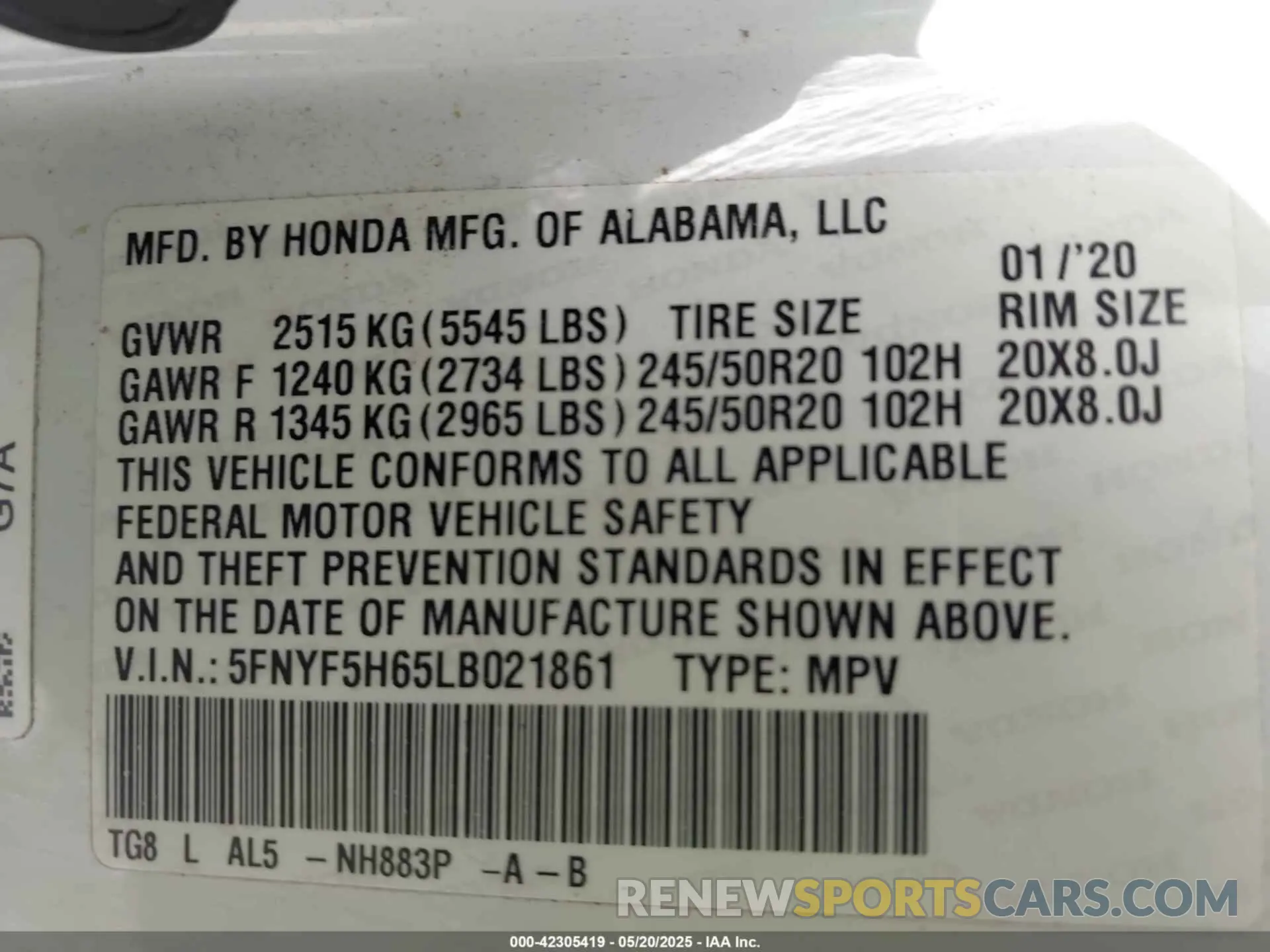 9 Фотография поврежденного автомобиля 5FNYF5H65LB021861 HONDA PILOT 2020