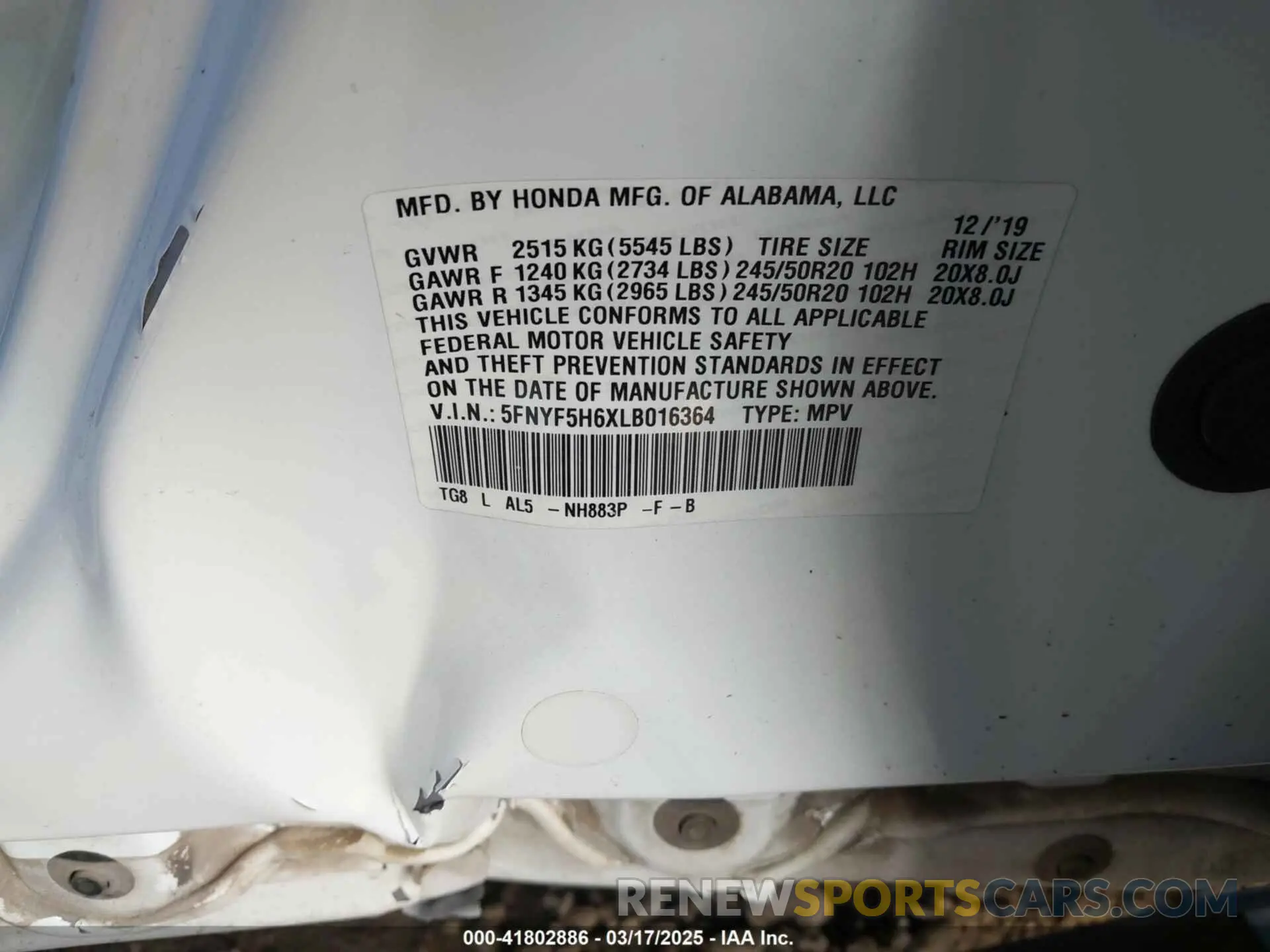 9 Photograph of a damaged car 5FNYF5H6XLB016364 HONDA PILOT 2020