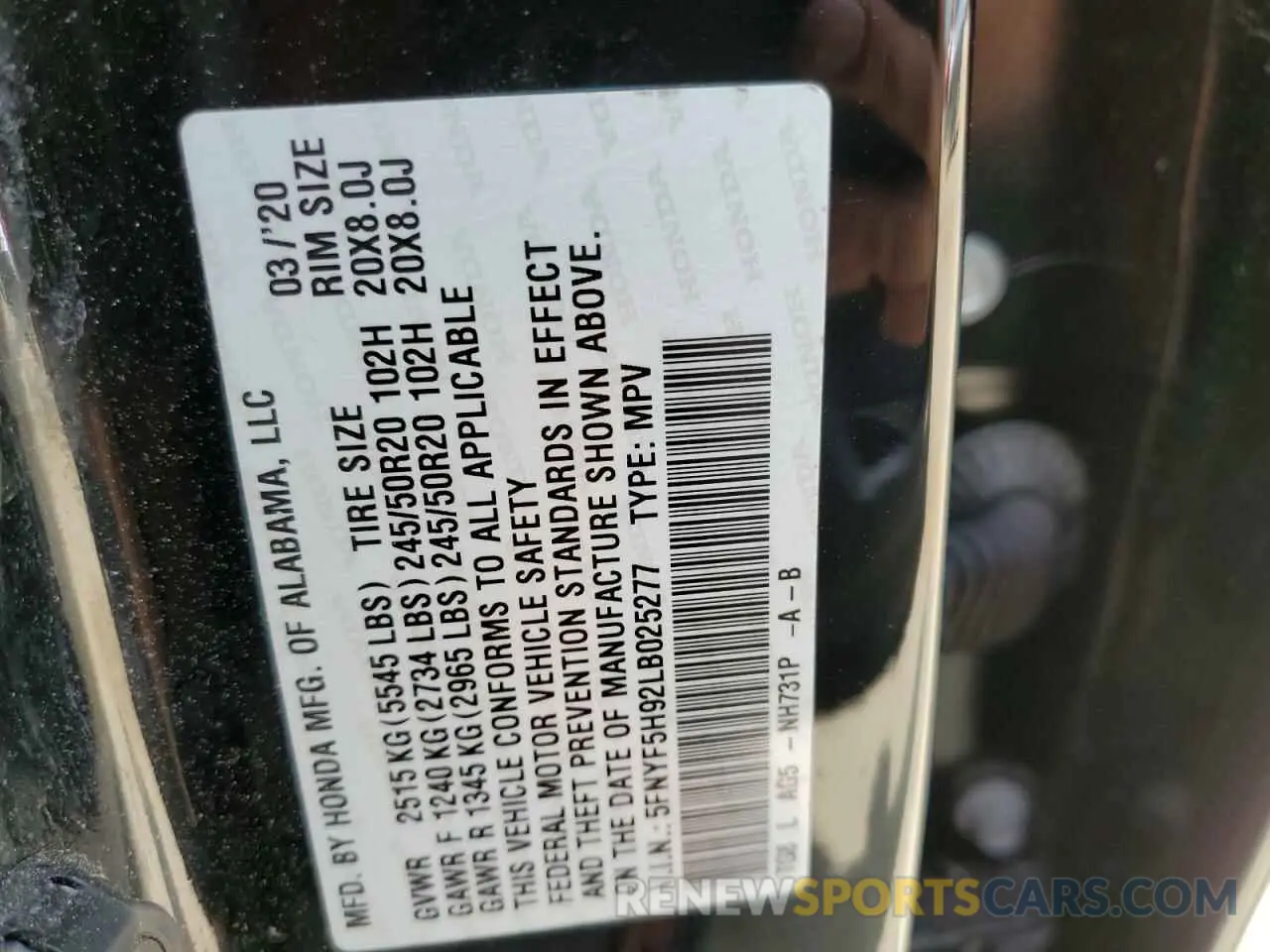 13 Photograph of a damaged car 5FNYF5H92LB025277 HONDA PILOT 2020