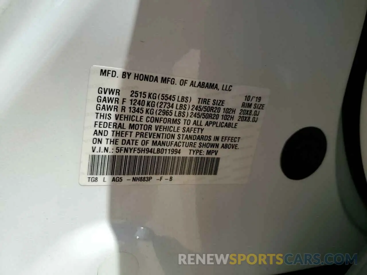 13 Фотография поврежденного автомобиля 5FNYF5H94LB011994 HONDA PILOT 2020