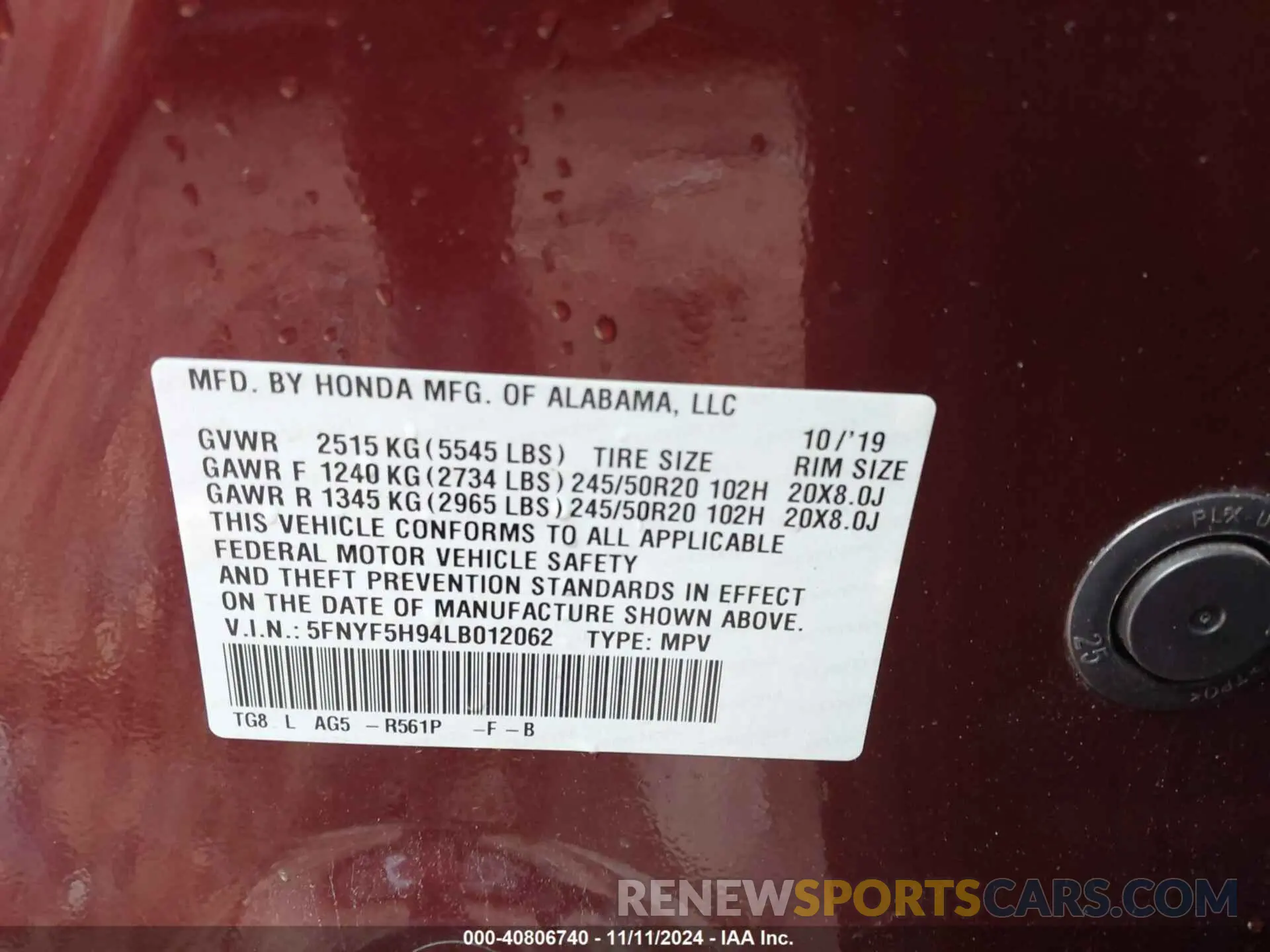 9 Фотография поврежденного автомобиля 5FNYF5H94LB012062 HONDA PILOT 2020