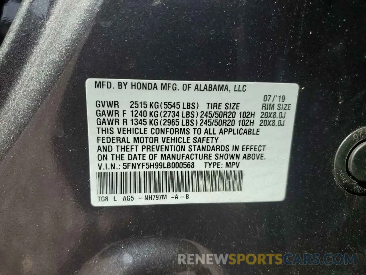 12 Photograph of a damaged car 5FNYF5H99LB000568 HONDA PILOT 2020