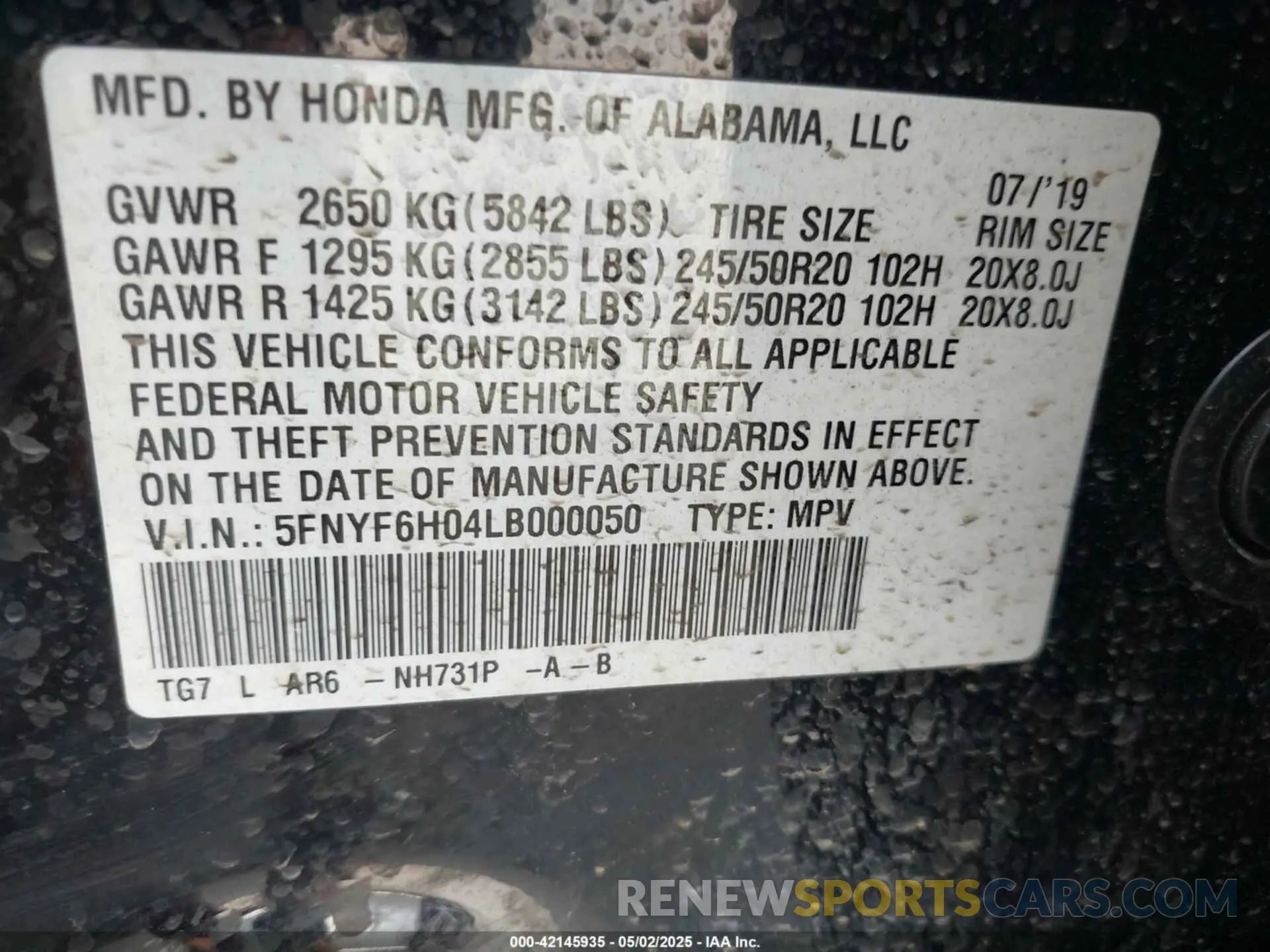 9 Photograph of a damaged car 5FNYF6H04LB000050 HONDA PILOT 2020