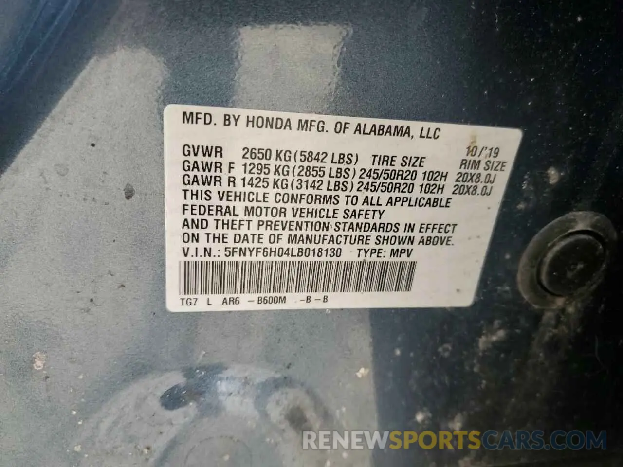 14 Photograph of a damaged car 5FNYF6H04LB018130 HONDA PILOT 2020