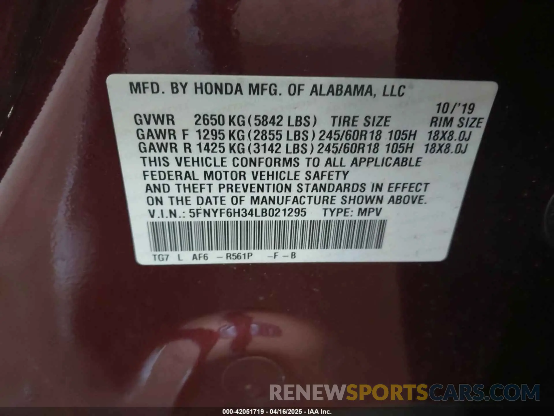 9 Фотография поврежденного автомобиля 5FNYF6H34LB021295 HONDA PILOT 2020
