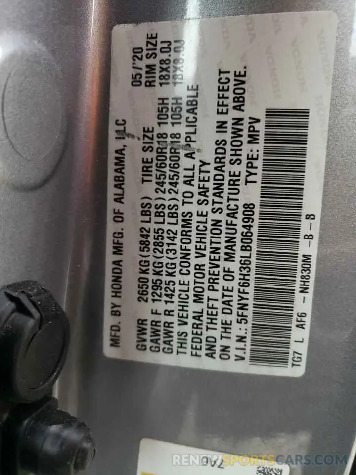 13 Фотография поврежденного автомобиля 5FNYF6H36LB064908 HONDA PILOT 2020