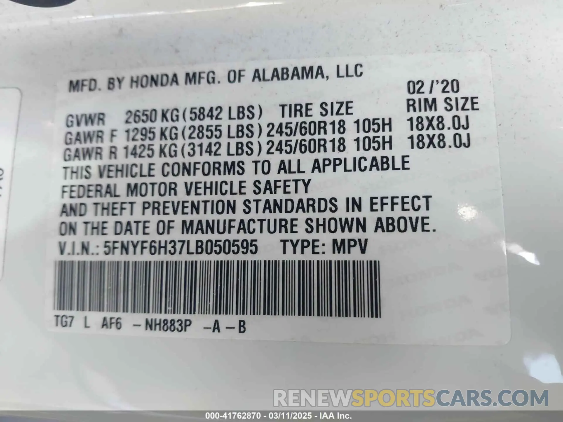 9 Фотография поврежденного автомобиля 5FNYF6H37LB050595 HONDA PILOT 2020